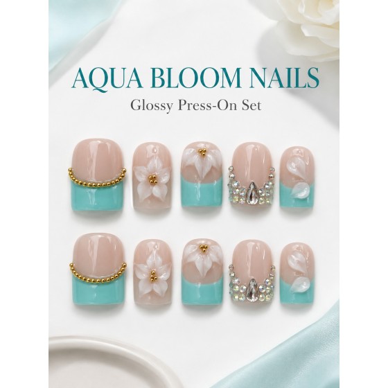 Aqua‑Bloom 3D White Floral Press‑On Nails, Short Square Handmade False Nails with French Tips, Gold Chain & Rhinestones